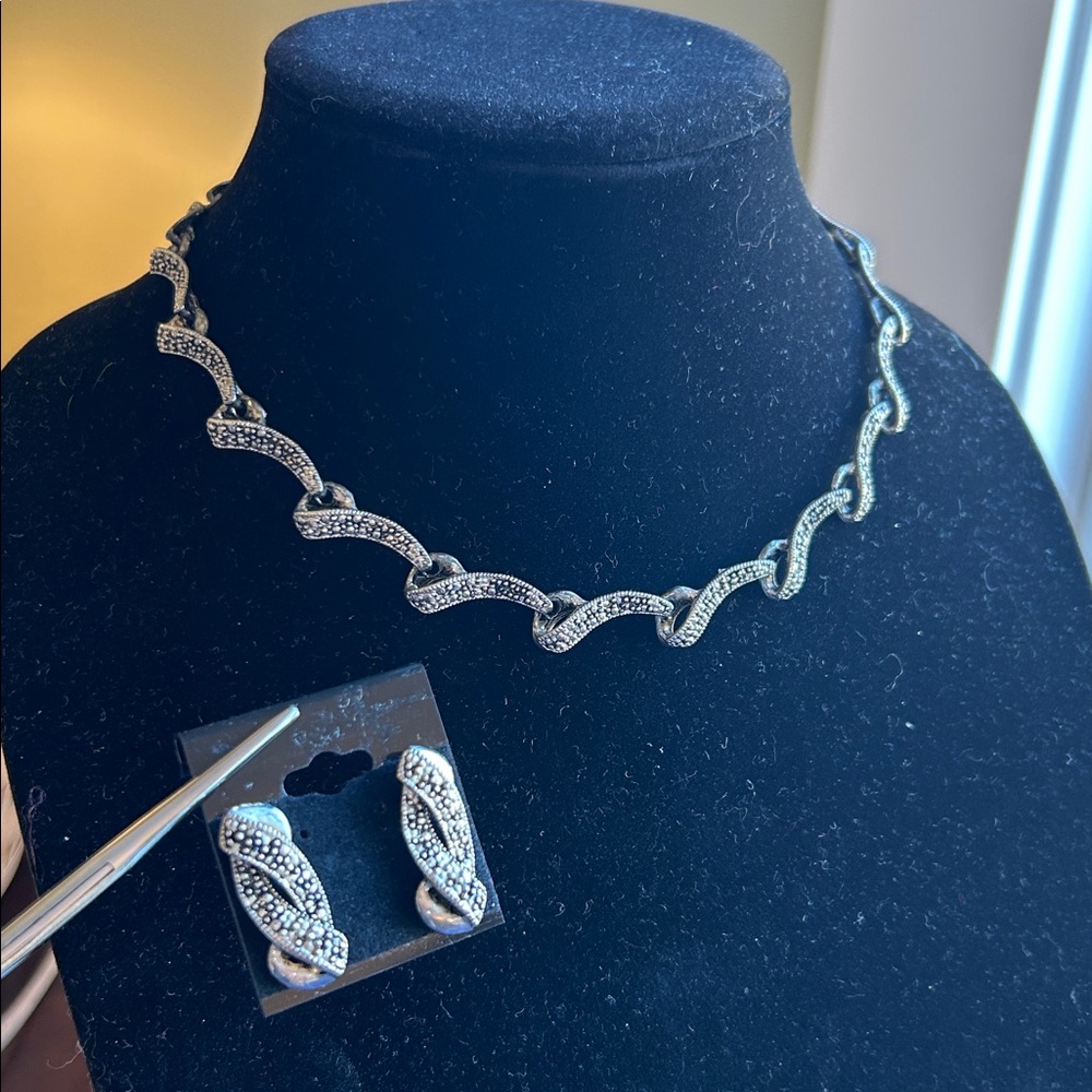 Gothic semi brutalist necklace and pierced ears looks like marcasite maybe? Set